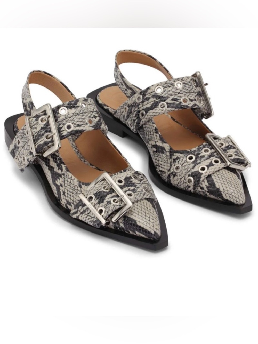 Ganni snake print buckle grommet ballet flats NIB SZ 37 punk Balletcore